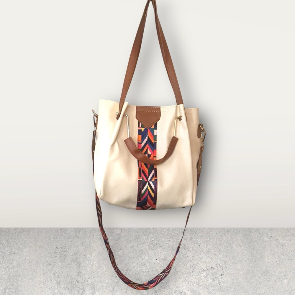 Ivory Bohemian Shoulder Bag With Top Handle And Aztec Western Design